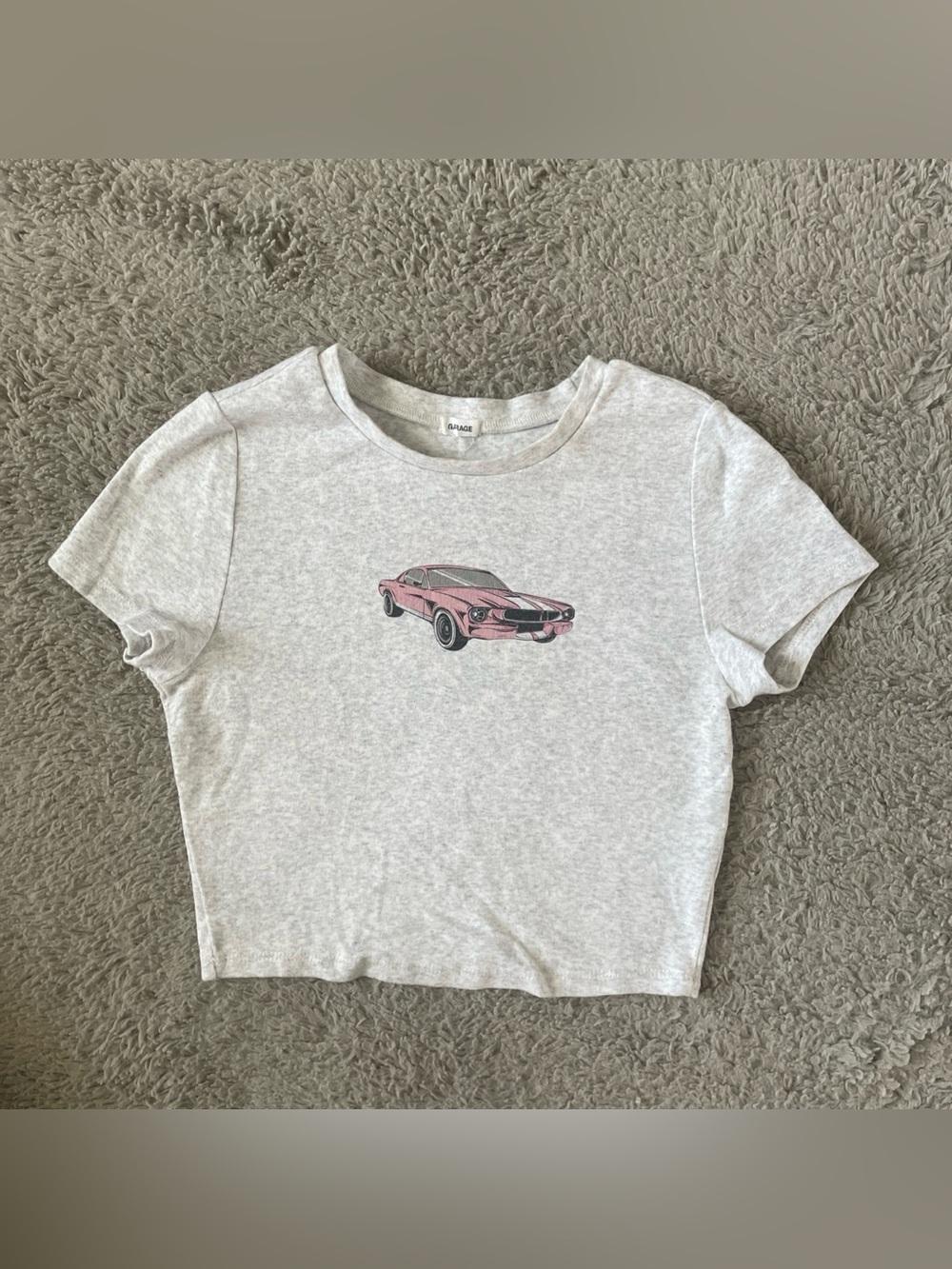 GARAGE Women's Heather Gray Cropped T-shirt Sz M Graphic Pink Classic Car